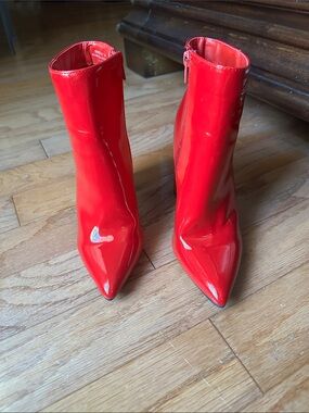 BAMBOO Red Patent Pointed Ankle Booties
